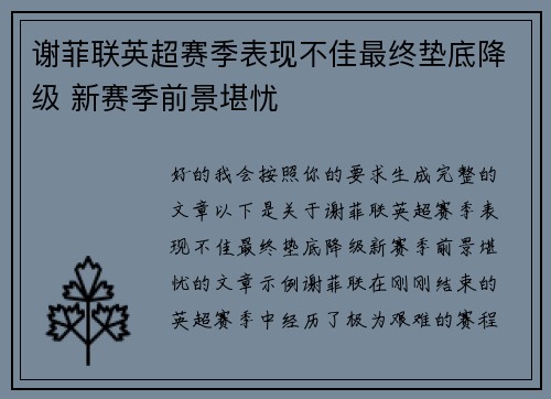 谢菲联英超赛季表现不佳最终垫底降级 新赛季前景堪忧 谢菲联英超赛季表现不佳最终垫底降级 新赛季前景堪忧