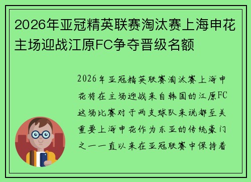 2026年亚冠精英联赛淘汰赛上海申花主场迎战江原FC争夺晋级名额 2026年亚冠精英联赛淘汰赛上海申花主场迎战江原FC争夺晋级名额